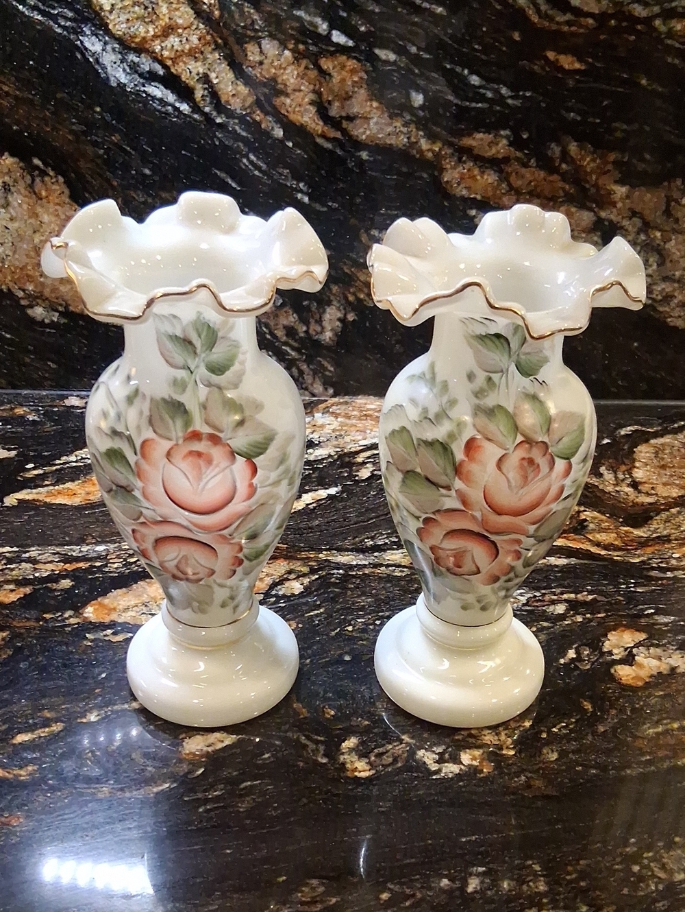 Hand-Painted VINTAGE Floral Porcelain Bud Vases - White with Pink Roses